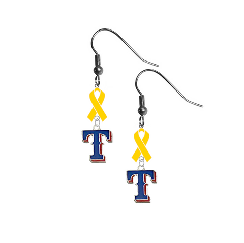 Texas Rangers Style 2 MLB Childhood Cancer Awareness Yellow Ribbon Dangle Earrings