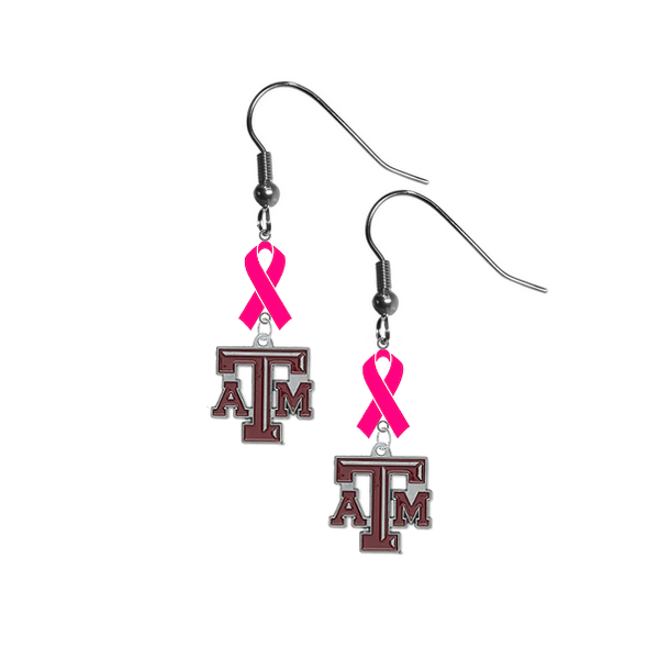 Texas A&M Aggies Breast Cancer Awareness Hot Pink Ribbon Dangle Earrings