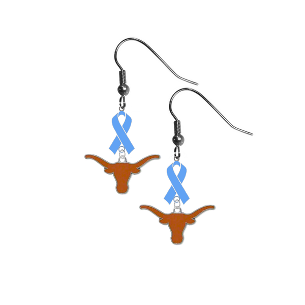 Texas Longhorns Prostate Cancer Awareness Light Blue Ribbon Dangle Earrings