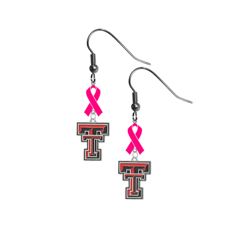 Texas Tech Red Raiders Breast Cancer Awareness Hot Pink Ribbon Dangle Earrings