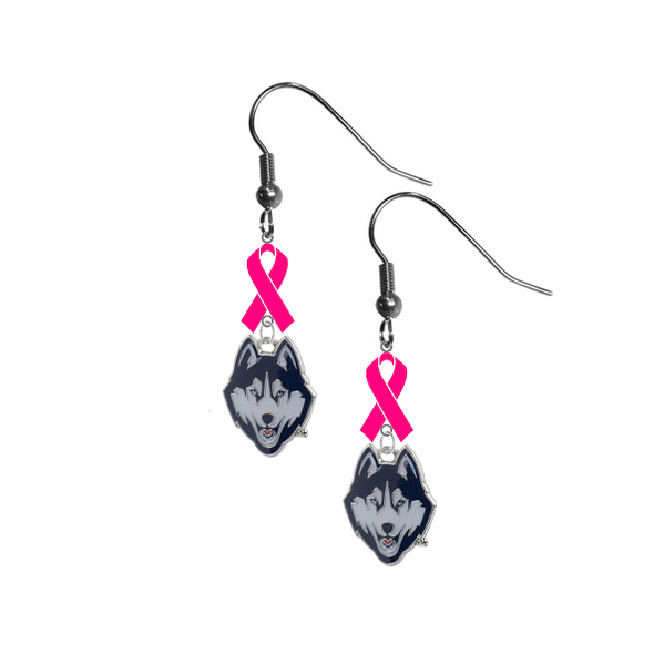 UConn Connecticut Huskies Breast Cancer Awareness Hot Pink Ribbon Dangle Earrings