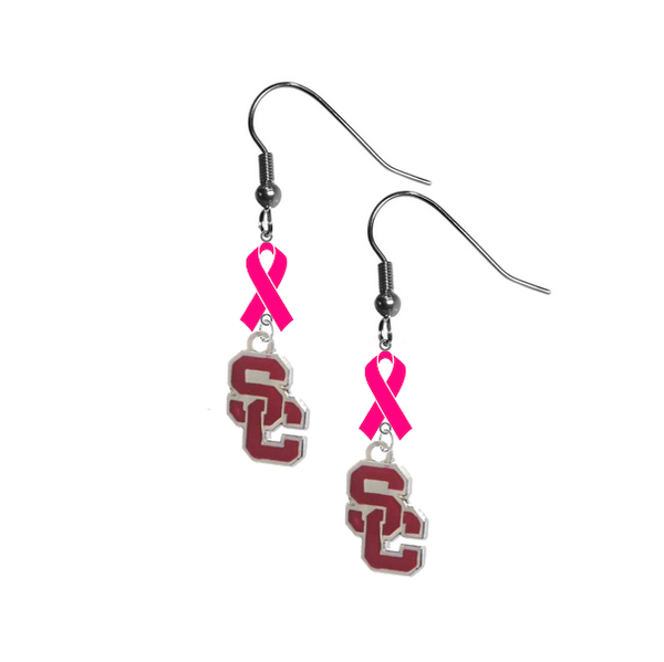 USC Trojans Style 2 Breast Cancer Awareness Hot Pink Ribbon Dangle Earrings