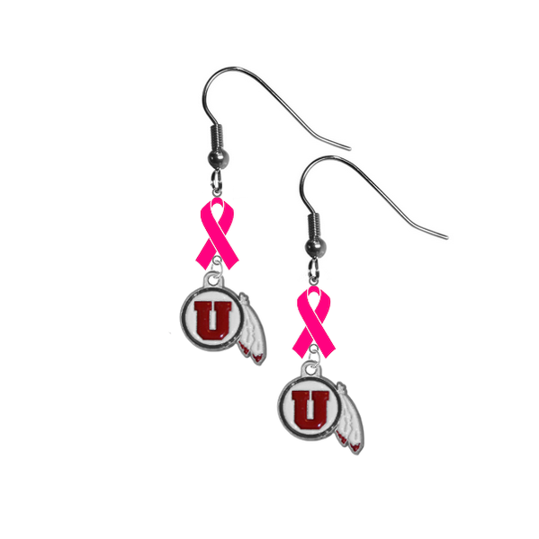 Utah Utes Breast Cancer Awareness Hot Pink Ribbon Dangle Earrings