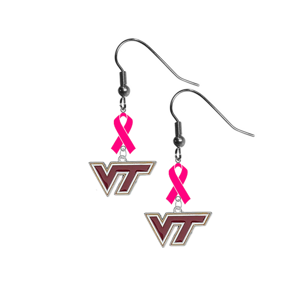 Virginia Tech Hokies Breast Cancer Awareness Hot Pink Ribbon Dangle Earrings