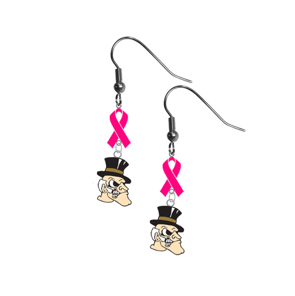 Wake Forest Demon Deacons Breast Cancer Awareness Hot Pink Ribbon Dangle Earrings
