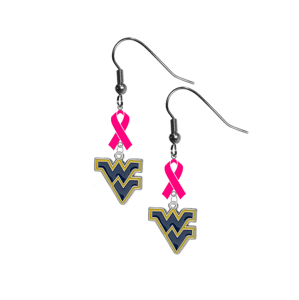 West Virginia Mountaineers Breast Cancer Awareness Hot Pink Ribbon Dangle Earrings