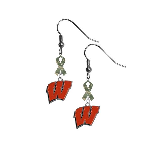Wisconsin Badgers Salute to Service Camouflage Camo Ribbon Dangle Earrings
