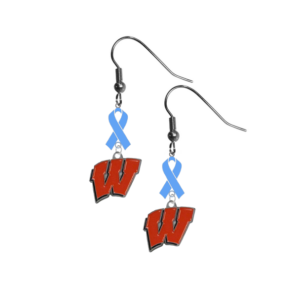 Wisconsin Badgers Prostate Cancer Awareness Light Blue Ribbon Dangle Earrings