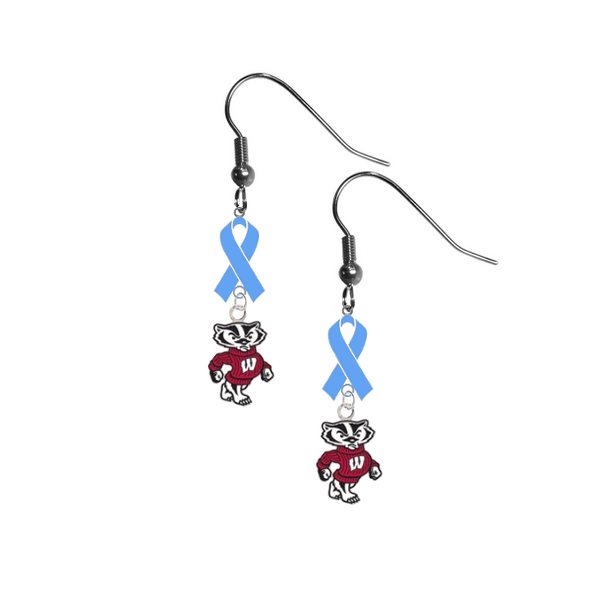 Wisconsin Badgers Mascot Prostate Cancer Awareness Light Blue Ribbon Dangle Earrings