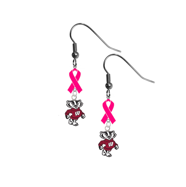 Wisconsin Badgers Mascot Breast Cancer Awareness Hot Pink Ribbon Dangle Earrings