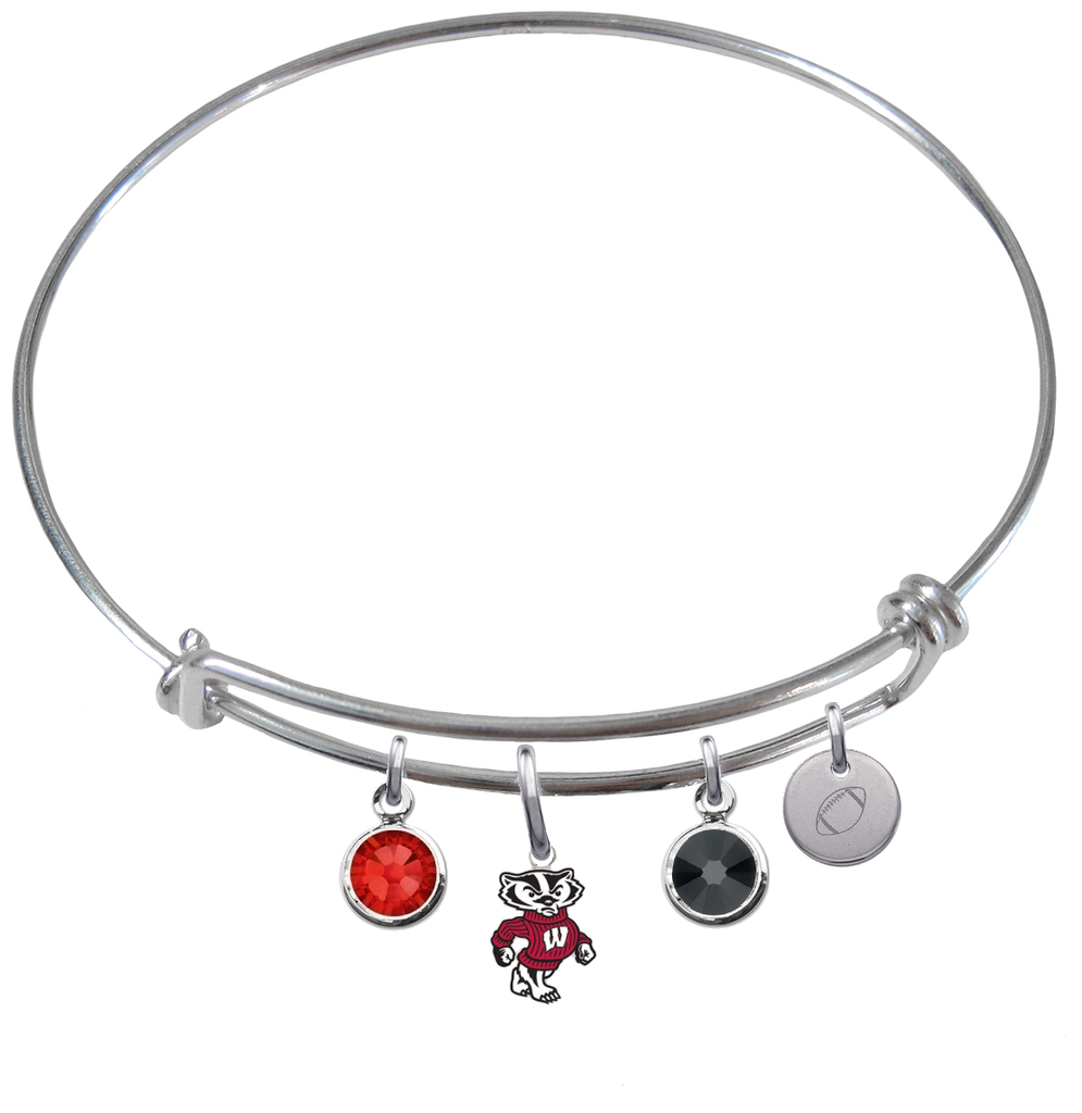 Wisconsin Badgers Mascot Football Expandable Wire Bangle Charm Bracelet