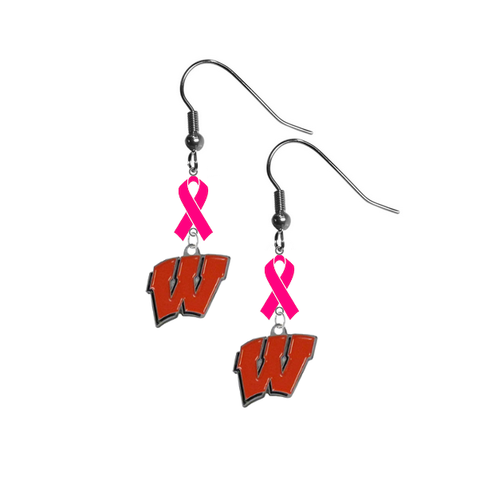 Wisconsin Badgers Breast Cancer Awareness Hot Pink Ribbon Dangle Earrings