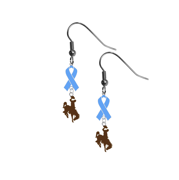 Wyoming Cowboys Mascot Prostate Cancer Awareness Light Blue Ribbon Dangle Earrings